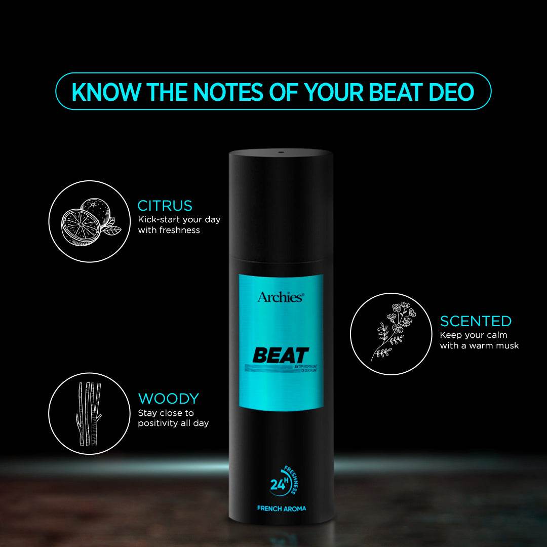 Archies BEAT Best Deodorant For Men in India 200 ML | Day & Office Wear 24Hrs | Long Lasting Deo | Luxury French Fragrance with 10% Perfume Oil Concentrates