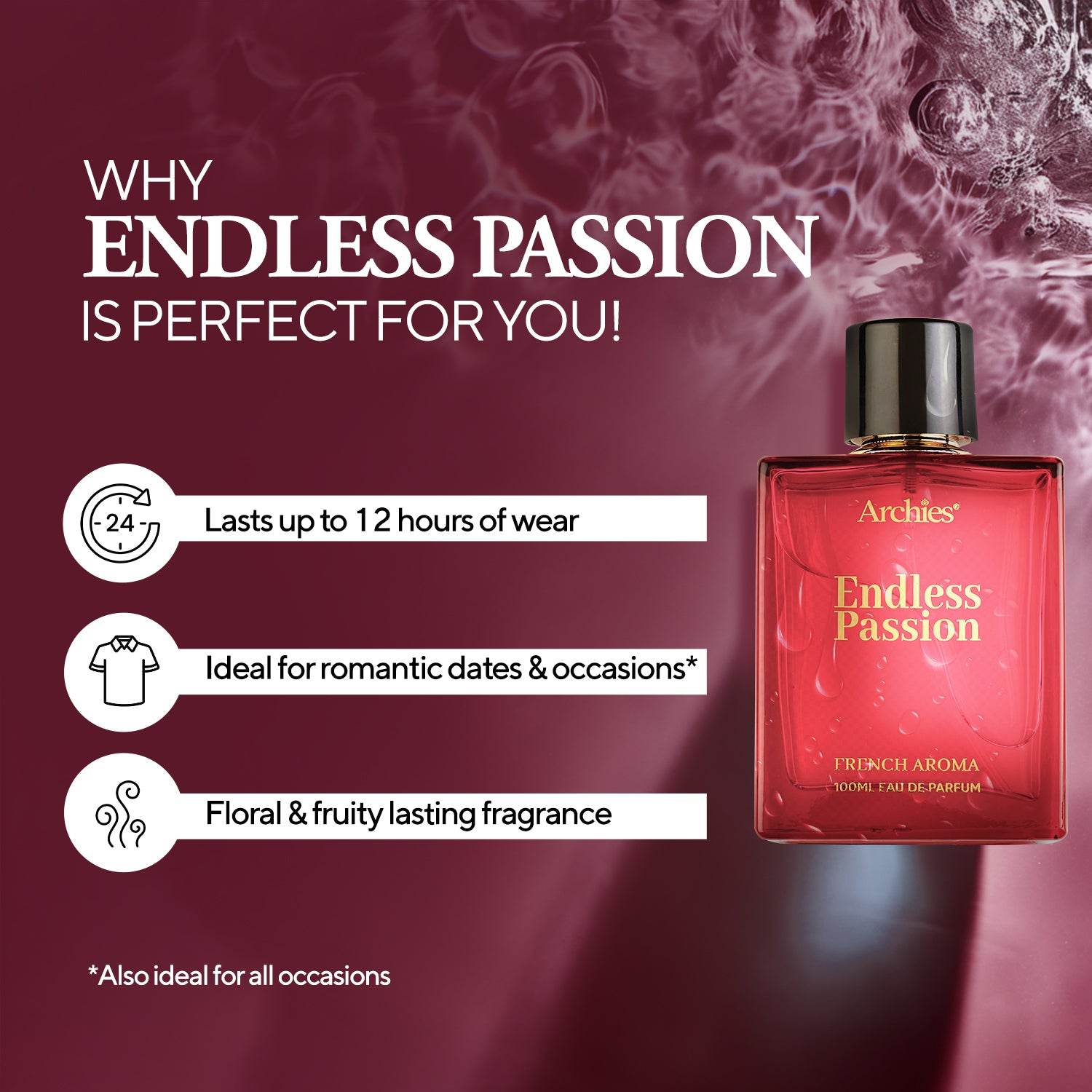 Archies Endless Passion Best Luxury Perfume for Women | 100 ML | French Aroma Fragrance Scent (20% High Concentrated Perfume)