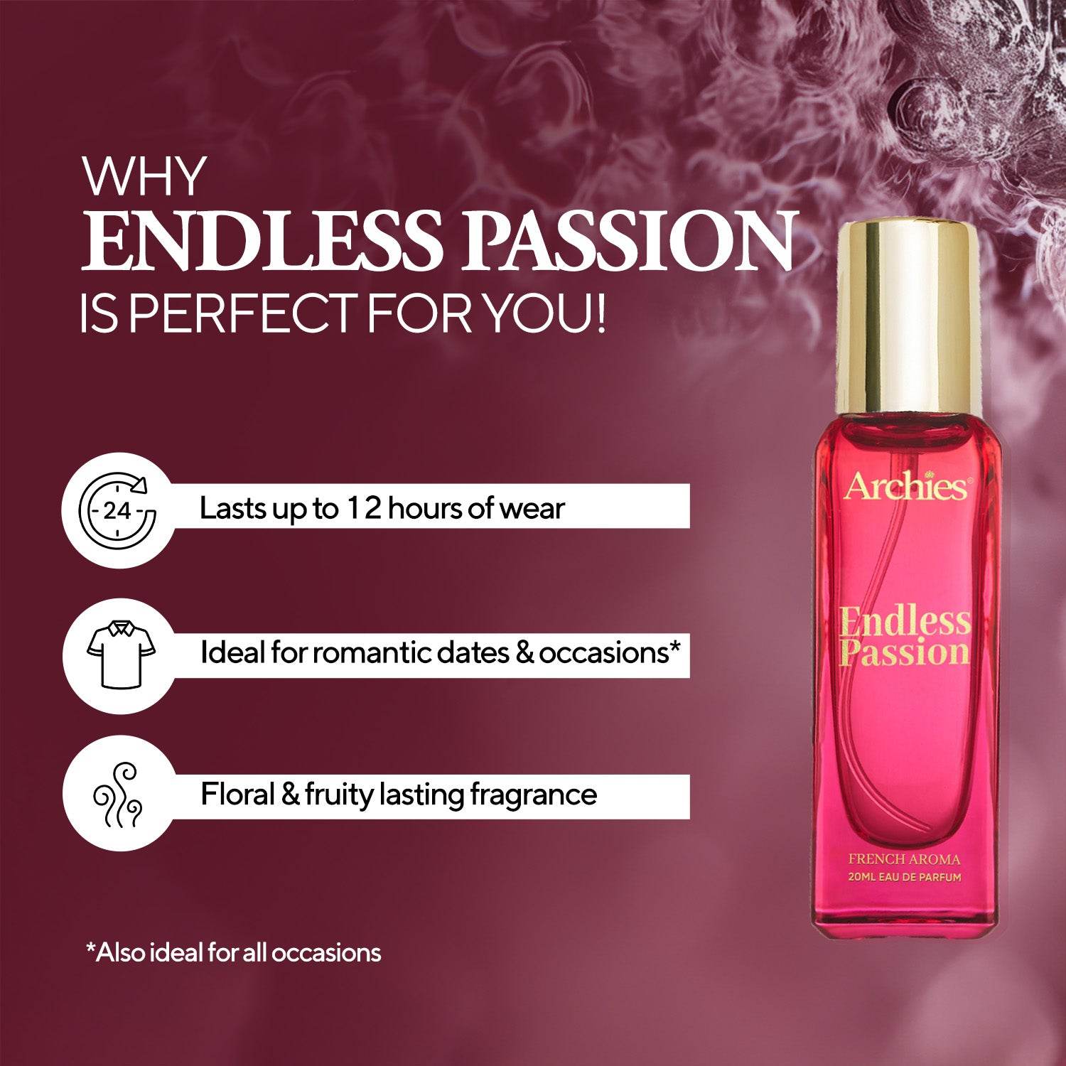 Archies Endless Passion Best Budget Perfume For Women in India | 20 ML | French Aroma Fragrance Scent (20% High Concentrated Perfume)