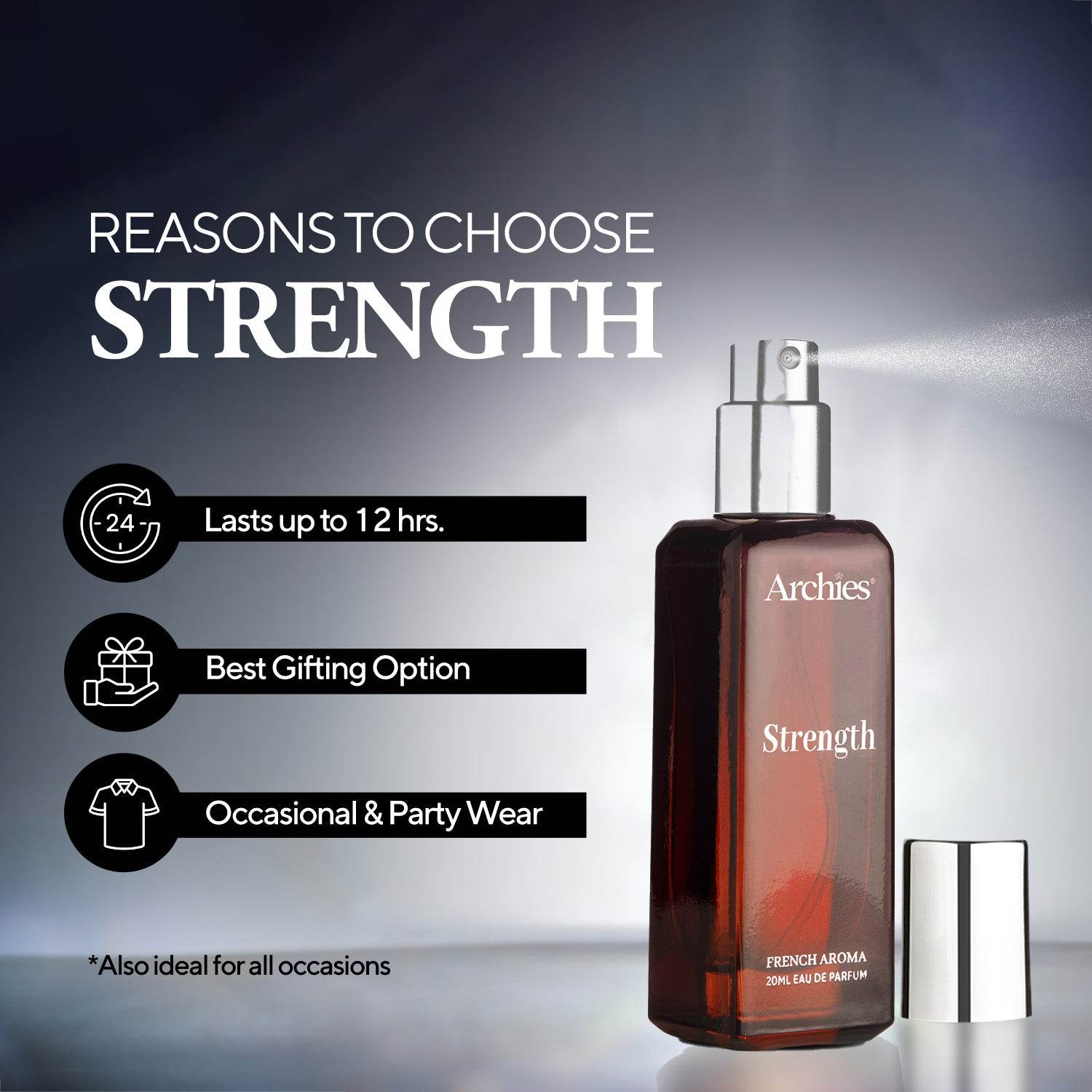 Archies STRENGTH French Aroma 20 ml | The Best Affordable Perfume For Men in India | Fragrance Scent (20% High Concentration Perfume)